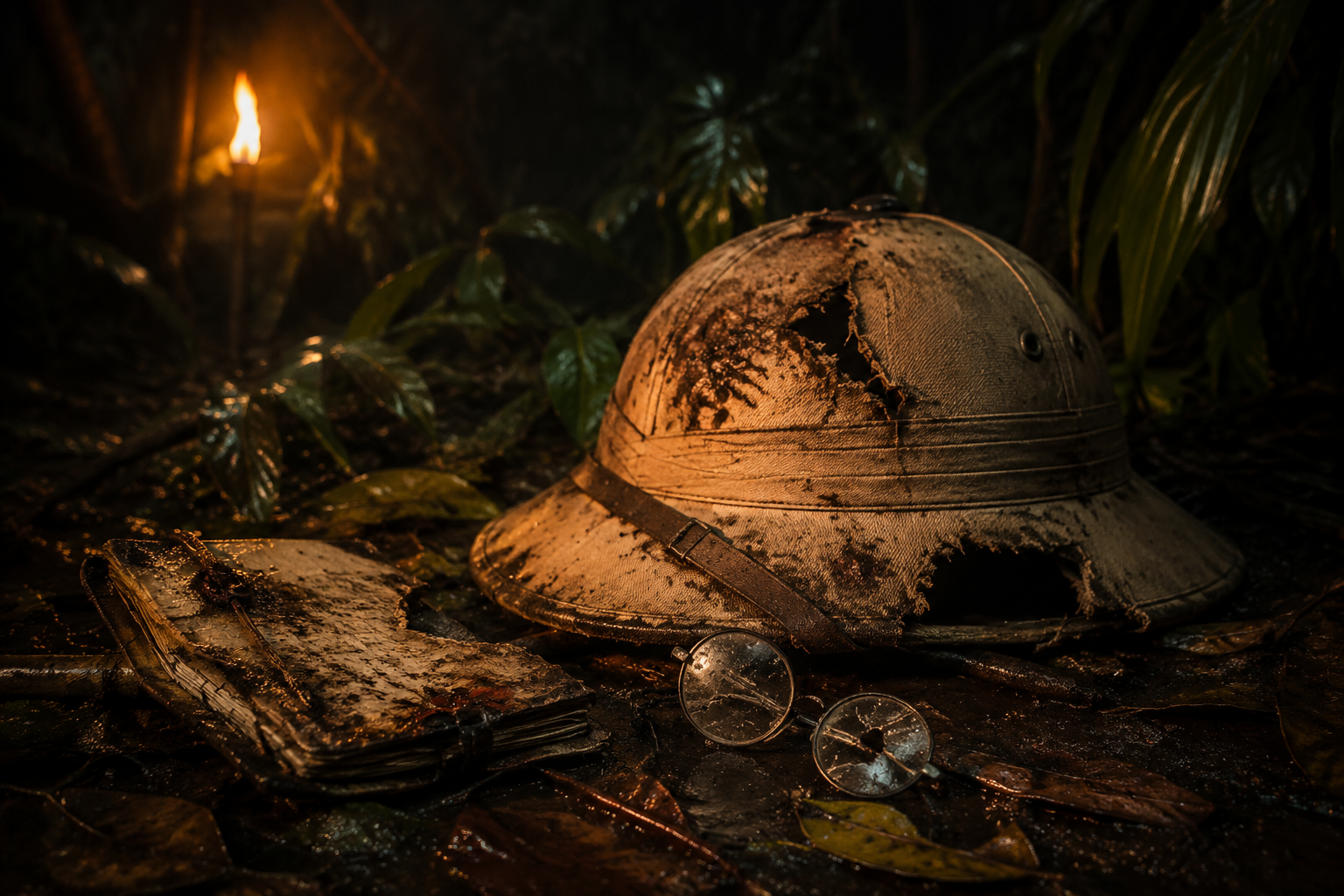 A torn explorer helmet and field notebook