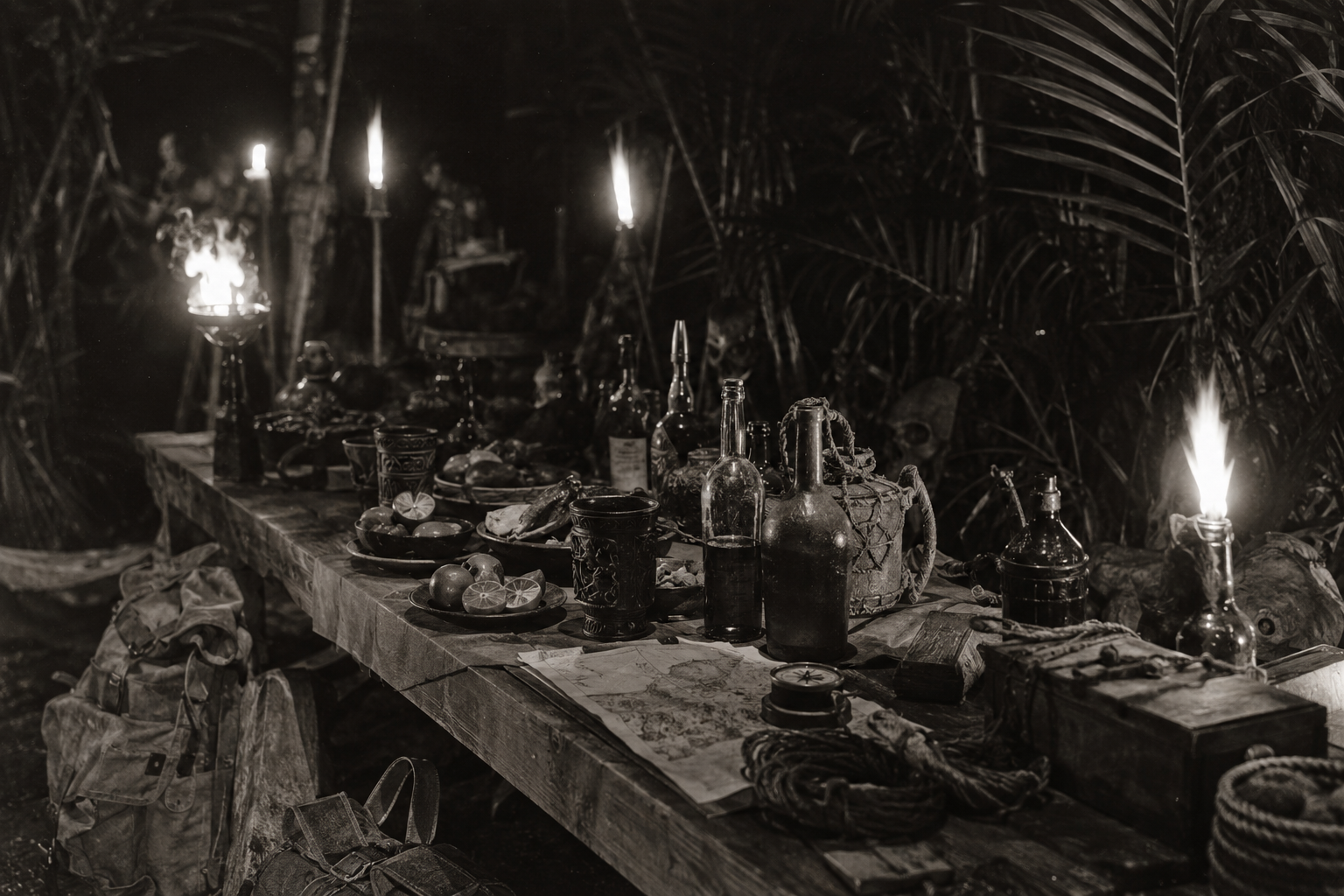 Vintage expedition photograph of a torchlit jungle feast table