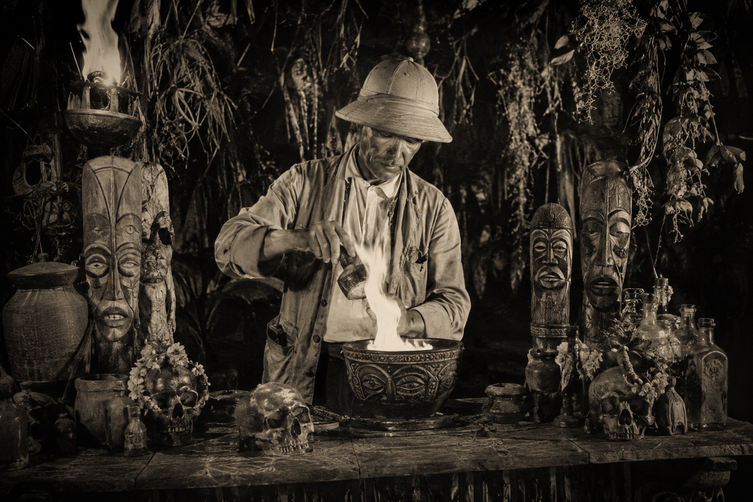 Vintage photograph of the ritual drink keeper preparing a flaming cup
